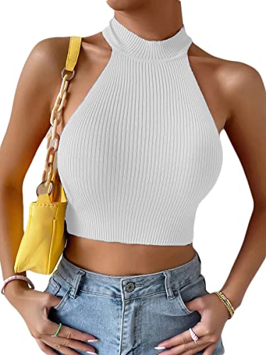 Minetom Damen Neckholder Ärmellose Tank Tops Sexy Basic Slim Fit Shirts Oberteile Strick Bauchfrei Crop Top A Weiß Einheitsgröße von Minetom