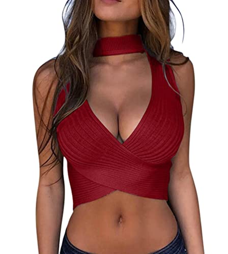 Minetom Damen Neckholder Top Bauchfrei Oberteil Sommer Stricken Crop Tops Halter Gestricktes Oberteil Sexy V-Ausschnitt Bustier BH Weste Shirts Tank Top A Weinrot S Minetom Damen Neckholder Top Bauchfrei Oberteil Sommer Stricken Crop Tops Halter Gestricktes Oberteil Sexy V-Ausschnitt Bustier BH Weste Shirts Tank Top A Weinrot S von Minetom