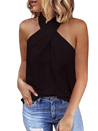 Minetom Damen Oberteil Beiläufig Elegant Sexy Neckholder Schulterfrei Reißverschluss Hinten Einfarbig Drucken Ärmelloses Casual Bluse T-Shirt B Schwarz 38 von Minetom