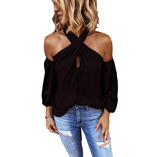 Minetom Damen Oberteile Elegant Bluse Damen Sexy Schulterfrei Neckholder Langarmshirt Casual T-Shirt (36, Schwarz) von Minetom