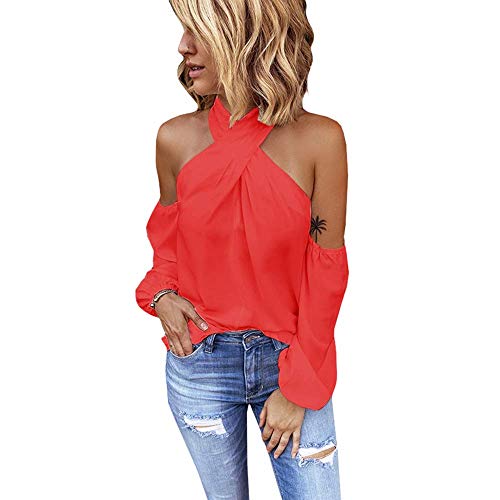 Minetom Damen Oberteile Elegant Bluse Damen Sexy Schulterfrei Neckholder Langarmshirt Casual T-Shirt Rot 36 von Minetom