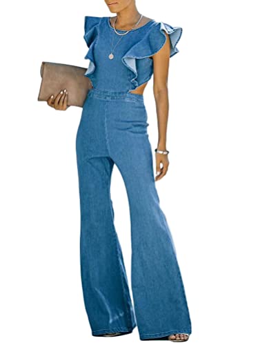 Minetom Damen Overall Hose Rüschen Denim Jeans Lang Casual Bodycon Strampler Jumpsuit Playsuit Bodysuit Romper A Blau S von Minetom
