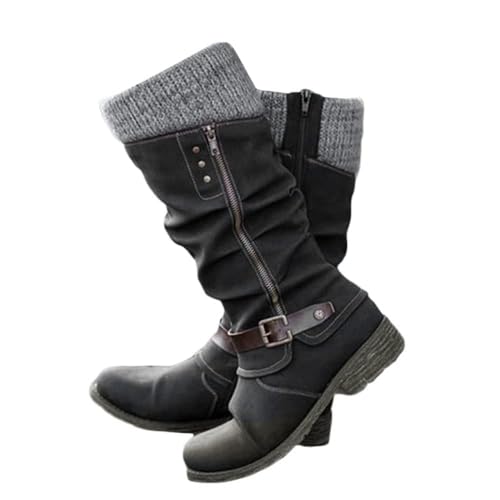 Minetom Damen Overknee Stiefel Biker Boots Schuhe Blockabsatz Warme Gefüttert Herbst Winter Frauen Winterschuhe Reißverschluss Schuhe Langschaft Boots Reitstiefel B Marine 41 EU von Minetom