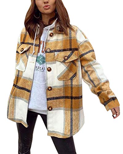 Minetom Damen Oversized Karohemd Hemdjacke Kariert Holzfällerhemd Langarm Hemd mit Brusttaschen Hemdbluse Bluse Shirt D Gelb Medium von Minetom