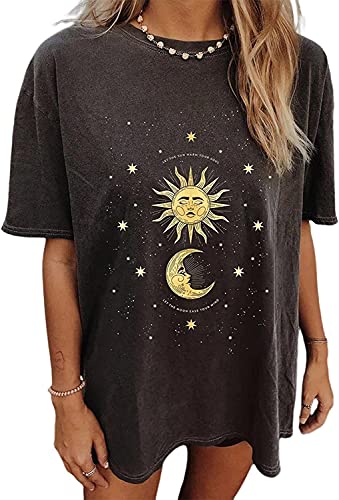 Minetom Damen Oversized T-Shirt Sommer Kurzarm Vintage Sterne Sonne Mond Motiv Grafikdruck Shirt Lose Rundhals Oberteile Pullover Sweatshirt für Teenager Mädchen Tunika Tops Lang E Dunkelgrau M von Minetom