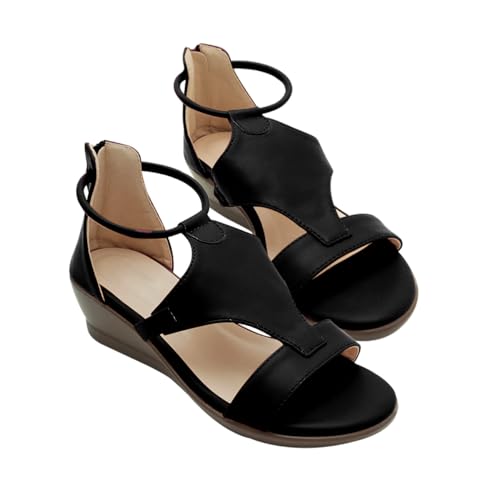 Minetom Damen PU Keilabsatz Sandalen Sommer Offene Schuhe Faux Leder Plattform Rom Damen Flip Flops Freizeit Sommerschuhe A Schwarz 40 EU von Minetom