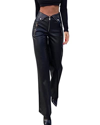Minetom Damen PU Leder Hohe Taille Hose Streethose Partyhose Nachtclub Disco Clubwear Straight Kunstlederhose Mit Tasche A Schwarz L von Minetom