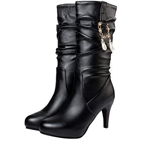 Minetom Damen PU Schuhe Halbschaft Stiefel Mit Absatz Pull On Hohe Stiefel Lange Wildleder Boots High Heels Herbst Winter Perle Schmücken Stiefel A Schwarz 37 EU von Minetom