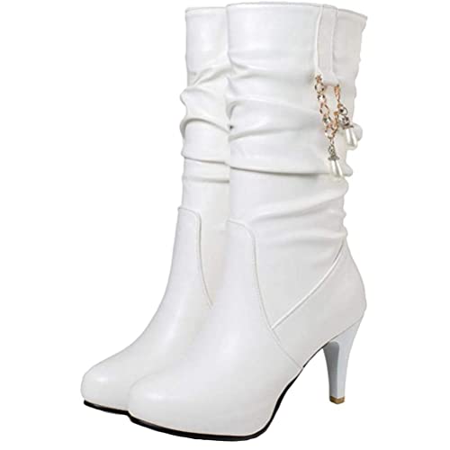 Minetom Damen PU Schuhe Halbschaft Stiefel Mit Absatz Pull On Hohe Stiefel Lange Wildleder Boots High Heels Herbst Winter Perle Schmücken Stiefel A Weiß 43 EU von Minetom