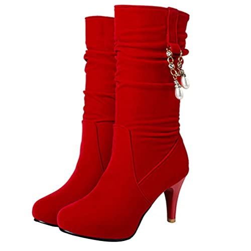 Minetom Damen PU Schuhe Halbschaft Stiefel Mit Absatz Pull On Hohe Stiefel Lange Wildleder Boots High Heels Herbst Winter Perle Schmücken Stiefel B Rot 41 EU Minetom Damen PU Schuhe Halbschaft Stiefel Mit Absatz Pull On Hohe Stiefel Lange Wildleder Boots High Heels Herbst Winter Perle Schmücken Stiefel B Rot 41 EU von Minetom