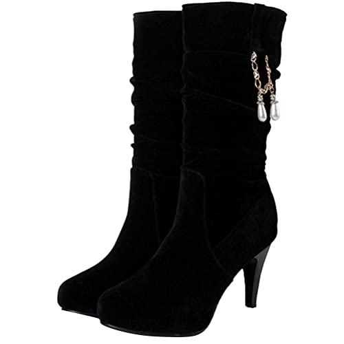 Minetom Damen PU Schuhe Halbschaft Stiefel Mit Absatz Pull On Hohe Stiefel Lange Wildleder Boots High Heels Herbst Winter Perle Schmücken Stiefel B Schwarz 39 EU von Minetom