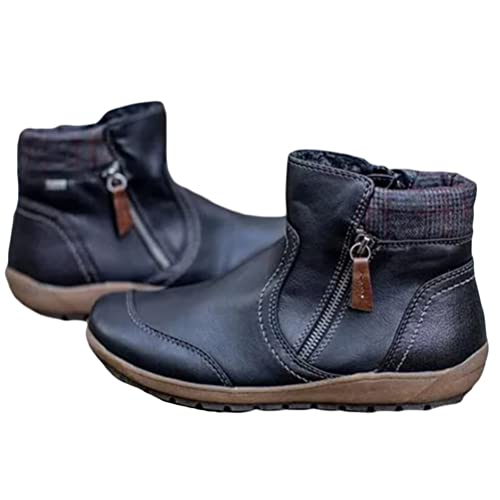 Minetom Damen PU Stiefeletten Winterstiefel Warm Winterschuhe Reißverschluss Leder Flache Vintage Kurzschaft Stiefel Ankle Boots A Schwarz 38 EU von Minetom