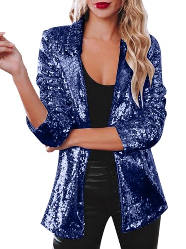 Minetom Damen Pailletten Blazer Glitzer Cardigan Langarm Party Club Jacke Blazer Anzugjacke Clubwear Karneval Rave Festival Outfit A Blau S von Minetom