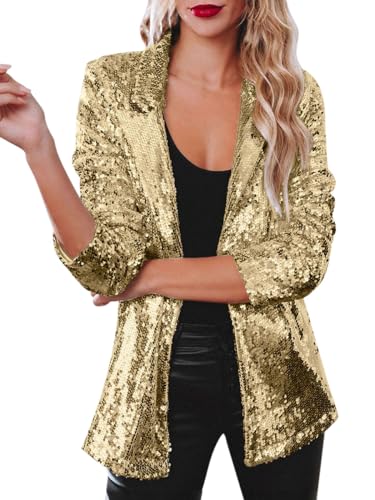 Minetom Damen Pailletten Blazer Glitzer Cardigan Langarm Party Club Jacke Blazer Anzugjacke Clubwear Karneval Rave Festival Outfit A Gelb L von Minetom