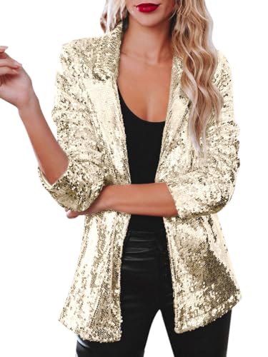 Minetom Damen Pailletten Blazer Glitzer Cardigan Langarm Party Club Jacke Blazer Anzugjacke Clubwear Karneval Rave Festival Outfit A Gold XL von Minetom