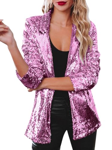 Minetom Damen Pailletten Blazer Glitzer Cardigan Langarm Party Club Jacke Blazer Anzugjacke Clubwear Karneval Rave Festival Outfit A Rosa XXL von Minetom
