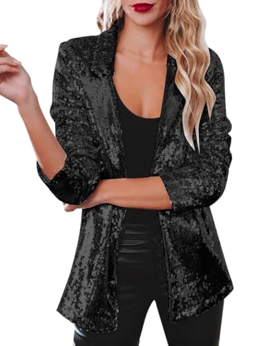 Minetom Damen Pailletten Blazer Glitzer Cardigan Langarm Party Club Jacke Blazer Anzugjacke Clubwear Karneval Rave Festival Outfit A Schwarz M von Minetom