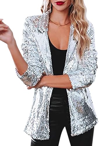 Minetom Damen Pailletten Blazer Glitzer Cardigan Langarm Party Club Jacke Blazer Anzugjacke Clubwear Karneval Rave Festival Outfit A Silber S von Minetom