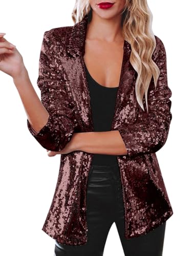 Minetom Damen Pailletten Blazer Glitzer Cardigan Langarm Party Club Jacke Blazer Anzugjacke Clubwear Karneval Rave Festival Outfit A Weinrot XXL von Minetom