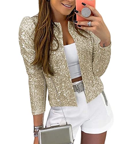 Minetom Damen Pailletten Blazer Pailletten Schimmer Jacke Lässig Langarm Glitzer Party Glänzend Kurz Mantel Rave Oberbekleidung Mantel Outfits Clubwear A Champagner S von Minetom