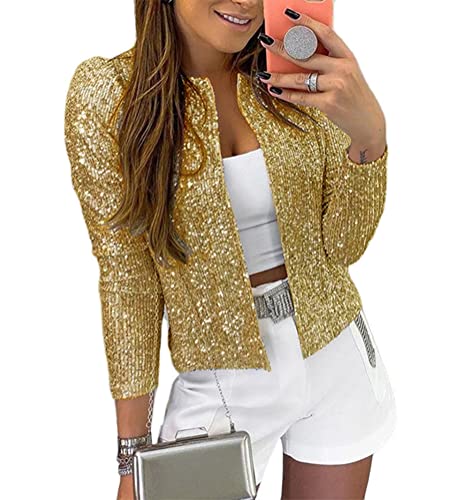 Minetom Damen Pailletten Blazer Pailletten Schimmer Jacke Lässig Langarm Glitzer Party Glänzend Kurz Mantel Rave Oberbekleidung Mantel Outfits Clubwear A Gold 3XL von Minetom