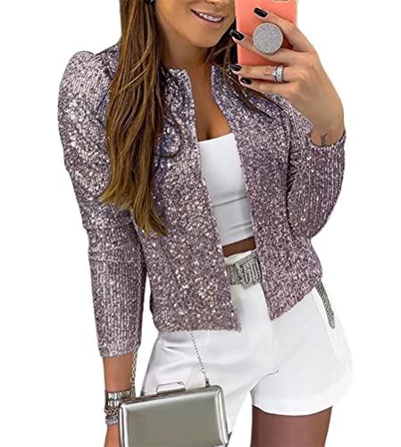 Minetom Damen Pailletten Blazer Pailletten Schimmer Jacke Lässig Langarm Glitzer Party Glänzend Kurz Mantel Rave Oberbekleidung Mantel Outfits Clubwear A Grau M von Minetom