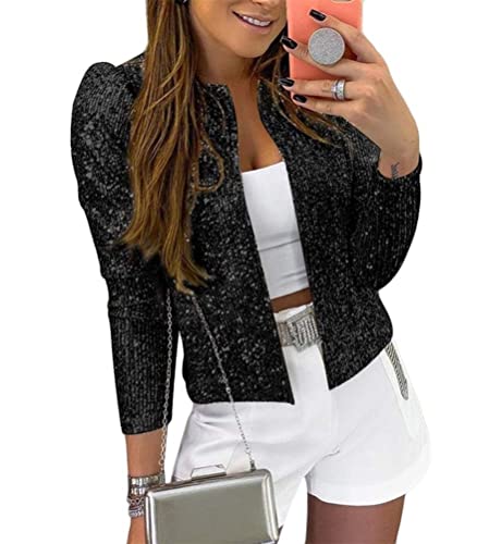 Minetom Damen Pailletten Blazer Pailletten Schimmer Jacke Lässig Langarm Glitzer Party Glänzend Kurz Mantel Rave Oberbekleidung Mantel Outfits Clubwear A Schwarz M von Minetom