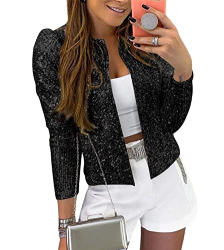 Minetom Damen Pailletten Blazer Pailletten Schimmer Jacke Lässig Langarm Glitzer Party Glänzend Kurz Mantel Rave Oberbekleidung Mantel Outfits Clubwear A Schwarz S von Minetom