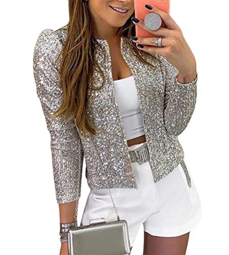 Minetom Damen Pailletten Blazer Pailletten Schimmer Jacke Lässig Langarm Glitzer Party Glänzend Kurz Mantel Rave Oberbekleidung Mantel Outfits Clubwear A Silber XL von Minetom