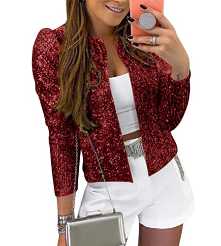 Minetom Damen Pailletten Blazer Pailletten Schimmer Jacke Lässig Langarm Glitzer Party Glänzend Kurz Mantel Rave Oberbekleidung Mantel Outfits Clubwear A Weinrot L von Minetom