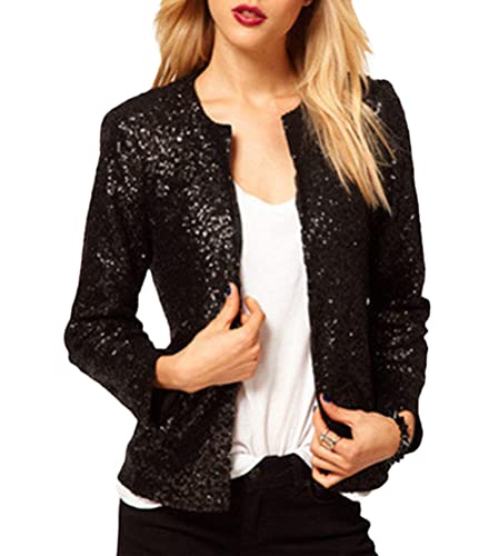 Minetom Damen Pailletten Blazer Pailletten Schimmer Jacke Lässig Langarm Glitzer Party Glänzend Kurz Mantel Rave Oberbekleidung Mantel Outfits Clubwear B Schwarz S von Minetom