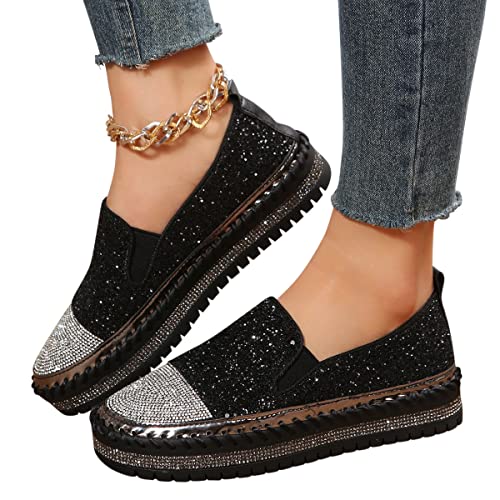 Minetom Damen Pailletten Canvas Slip-On Sneakers Weiche Wanderschuhe Flache Strass Glitzer Loafer Mit Gummisohle Freizeitschuhe A Schwarz 39 EU von Minetom