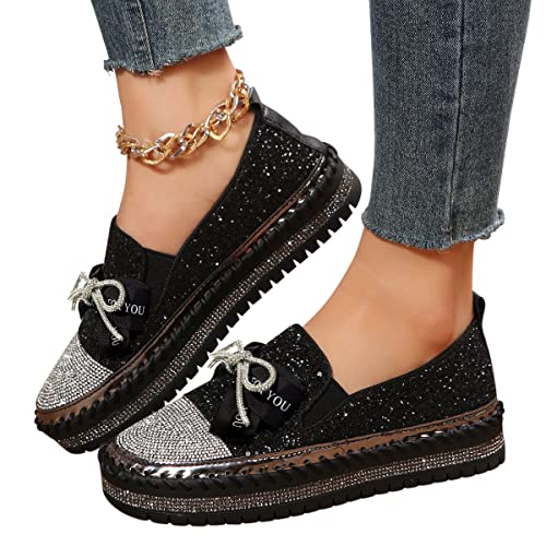 Minetom Damen Pailletten Canvas Slip-On Sneakers Weiche Wanderschuhe Flache Strass Glitzer Loafer Mit Gummisohle Freizeitschuhe B Schwarz 39 EU von Minetom