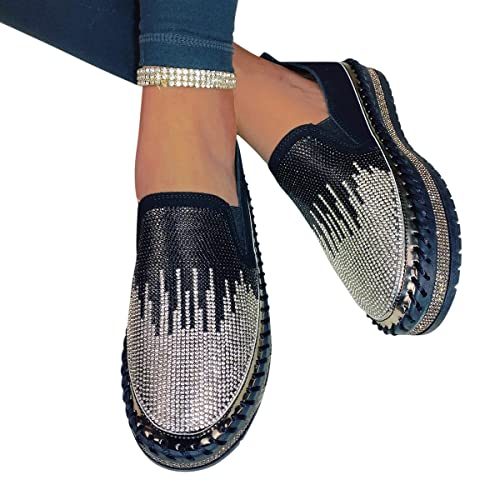 Minetom Damen Pailletten Canvas Slip-On Sneakers Weiche Wanderschuhe Flache Strass Glitzer Loafer Mit Gummisohle Freizeitschuhe C Schwarz 37 EU von Minetom