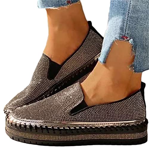 Minetom Damen Pailletten Flache Low Strass Sneaker Glitzer Loafers Turnschuhe Outdoor Freizeitschuhe Laufschuhe Schuhe Slip On Walkingschuhe Slipper A Schwarz 37 EU von Minetom