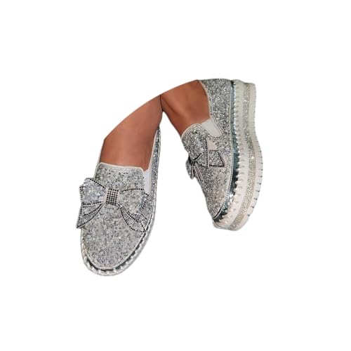 Minetom Damen Pailletten Flache Low Strass Sneaker Glitzer Loafers Turnschuhe Outdoor Freizeitschuhe Laufschuhe Schuhe Slip On Walkingschuhe Slipper B Silber 41 EU von Minetom