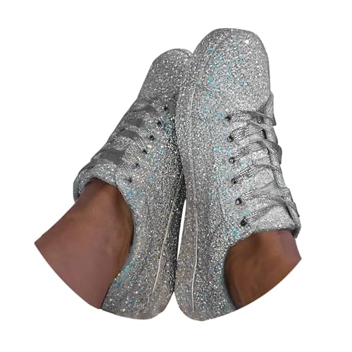 Minetom Damen Pailletten Flache Sneaker Atmungsaktiv Glitzer Turnschuhe Outdoor Sportschuhe Laufschuhe Sneaker Schnürsenkel Walkingschuhe A Silber 41 EU von Minetom