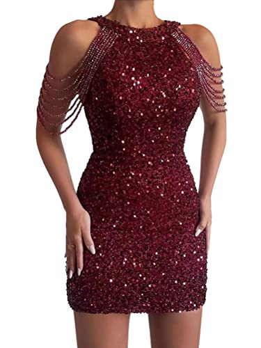 Minetom Damen Pailletten Kleid Ärmellos Partykleid Bleistiftkleid Abendkleider Rockabilly Cocktail Festlich Hochzeit Mini Kleid A Rot M von Minetom