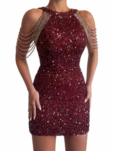 Minetom Damen Pailletten Kleid Ärmellos Partykleid Bleistiftkleid Abendkleider Rockabilly Cocktail Festlich Hochzeit Mini Kleid A Rot XS von Minetom