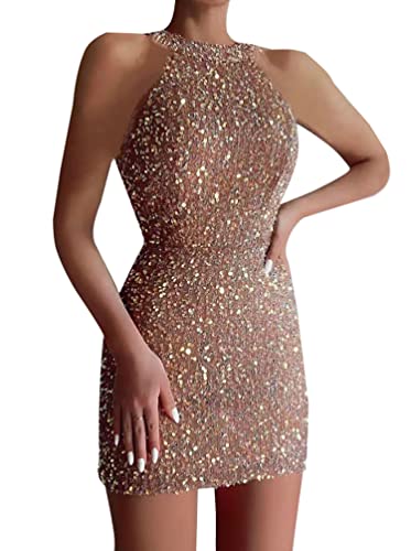 Minetom Damen Pailletten Kleid Ärmellos Partykleid Bleistiftkleid Abendkleider Rockabilly Cocktail Festlich Hochzeit Mini Kleid A1 Rosa S von Minetom