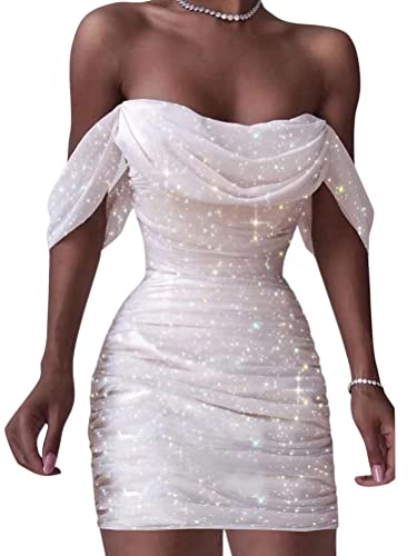 Minetom Damen Pailletten Kleid Ärmellos Partykleid Bleistiftkleid Abendkleider Rockabilly Cocktail Festlich Hochzeit Mini Kleid B Weiß M von Minetom