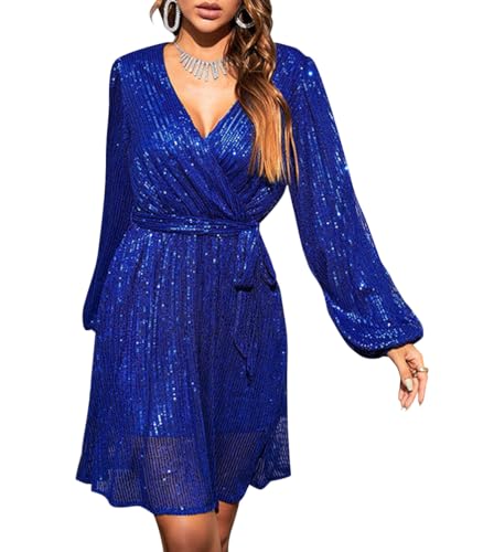 Minetom Damen Pailletten Kleid Elegant V-Ausschnitt Kurz A-Linie Kleider Langarm Partykleid Abendkleid Cocktail Festlich Hochzeit Minikleid Glitzer Kleider A Blau XL von Minetom