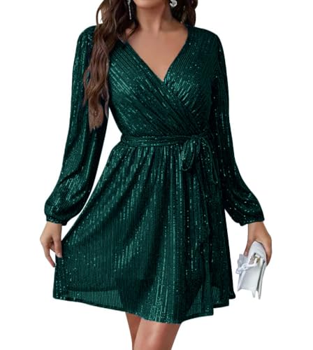 Minetom Damen Pailletten Kleid Elegant V-Ausschnitt Kurz A-Linie Kleider Langarm Partykleid Abendkleid Cocktail Festlich Hochzeit Minikleid Glitzer Kleider A Grün S von Minetom