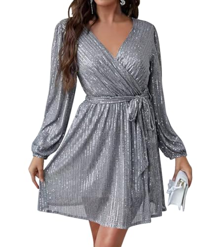 Minetom Damen Pailletten Kleid Elegant V-Ausschnitt Kurz A-Linie Kleider Langarm Partykleid Abendkleid Cocktail Festlich Hochzeit Minikleid Glitzer Kleider A Silber XL von Minetom