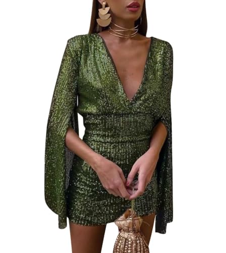 Minetom Damen Pailletten Kleid Elegant V-Ausschnitt Kurz A-Linie Kleider Langarm Partykleid Abendkleid Cocktail Festlich Hochzeit Minikleid Glitzer Kleider C Grün S von Minetom