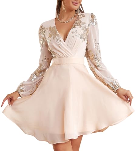 Minetom Damen Pailletten Kleid Elegant V-Ausschnitt Kurz A-Linie Kleider Langarm Partykleid Abendkleid Cocktail Festlich Hochzeit Minikleid Glitzer Kleider E Beige XS von Minetom