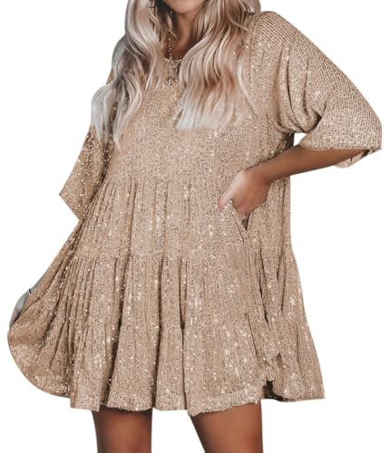 Minetom Damen Pailletten Kleid Kurzarm Party Cocktailkleid Club Glitzer Rundhals Vintage A-Linien Minikleid Festlich Abendkleid Glitzerndes Prom Kleider A Gold M von Minetom