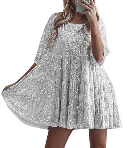 Minetom Damen Pailletten Kleid Kurzarm Party Cocktailkleid Club Glitzer Rundhals Vintage A-Linien Minikleid Festlich Abendkleid Glitzerndes Prom Kleider A Silber L von Minetom
