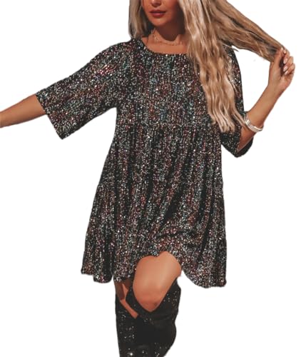 Minetom Damen Pailletten Kleid Kurzarm Party Cocktailkleid Club Glitzer Rundhals Vintage A-Linien Minikleid Festlich Abendkleid Glitzerndes Prom Kleider A1 Schwarz M von Minetom