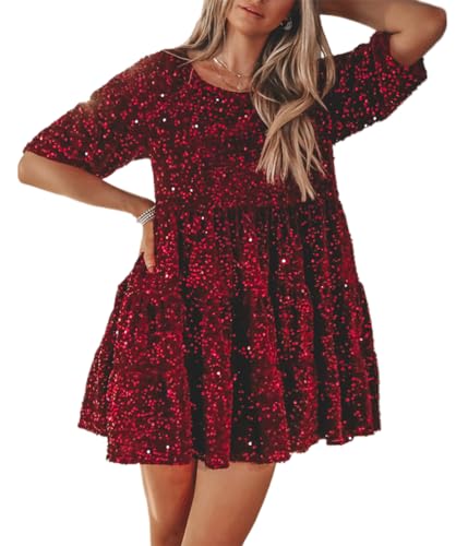 Minetom Damen Pailletten Kleid Kurzarm Party Cocktailkleid Club Glitzer Rundhals Vintage A-Linien Minikleid Festlich Abendkleid Glitzerndes Prom Kleider A1 Weinrot 3XL von Minetom